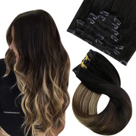Easyouth Clip in Extensions Human Hair Natural Ombre Real Hair Balayage Natural Black Fading to Chestnut Brown Mix Honey Blonde Clip in Hair Extensions Caramel Blonde Highlight Full Head 18 Inch 7pcs/120g