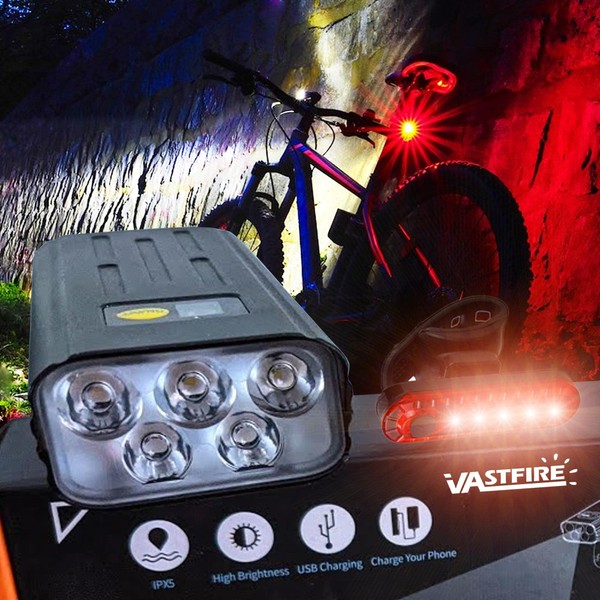 VASTFIRE Best Bike Lights for Night Riding 8000 High Lumen 5 LEDs 5 Modes 5200 mAh USB Type-C Charging and Discharging MTB Headlight Most Powerful Mountain Biking Bicycle Light for Off Road Trails