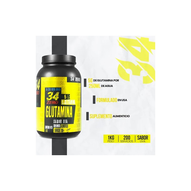 34 Zero Glutamina En Polvo 100 Servis 1kg Varios Sabores