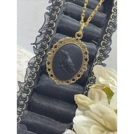 Fancy Fox Boutique Black Crow Raven Gothic Steampunk Cameo Necklace Mens Womens Gift Wedding Gold T