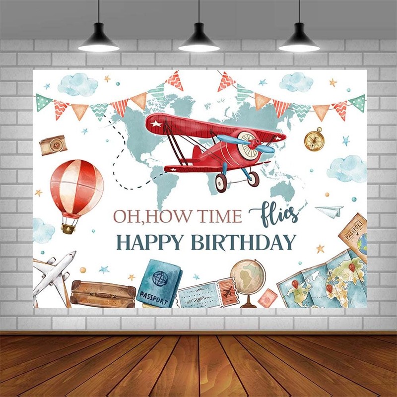 AIBIIN 7x5ft Time Flies Birthday Decoration Backdrop Airplane Birthday Backdrop