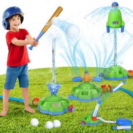 4-in-1 Kids Sprinkler Baseball Toys for Yard, Water Sprinklers Rocket Launcher Outdoor Play, 360° Rotating Water Spray Toy, Summer Backyard Lawn Pool Outside Water Game for Girls Boys Ages 3-12