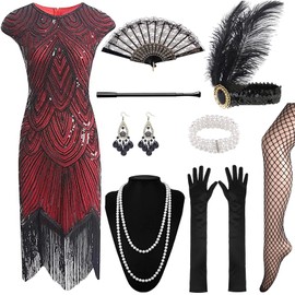 XCMVCN Pack of 12 1920s Charleston Dress Sequins Beads Fringe Gatsby, Dress with 20s Accessories, Vintage Mafia Costume, Cocktail Dress, Fancy Dress Costume (Black + Red, L)