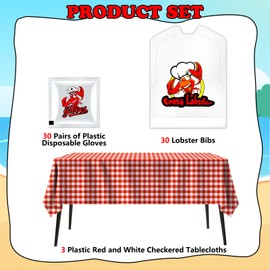 Artcome Lobster Bibs Party Kit – 30 Crab Bibs, 30 Pairs Disposable Gloves, 3 Red & White Plastic Tablecloths for Seafood Boils, Crab Feasts, Lobster Parties, BBQs, and Mess-Free Outdoor Dining