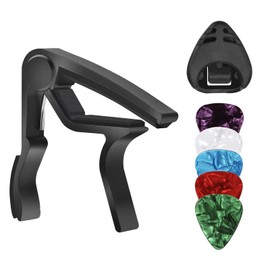 Guitar Capo with 5 Pcs Guitar Picks - Aluminum Alloy Quick-Change Capo Clamp Clip for Electric Guitar Acoustic/Classical Guitars & Ukulele - Kapo with Picks Holder (Black)