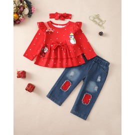18 Months Girl Clothes Toddler Baby Fall Winter Red Christmas Outfits 24 Months Girls Clothes Ruffle Polka Dots Santa Snowman Print Shirt Denim Pants Jeans Holiday Clothing