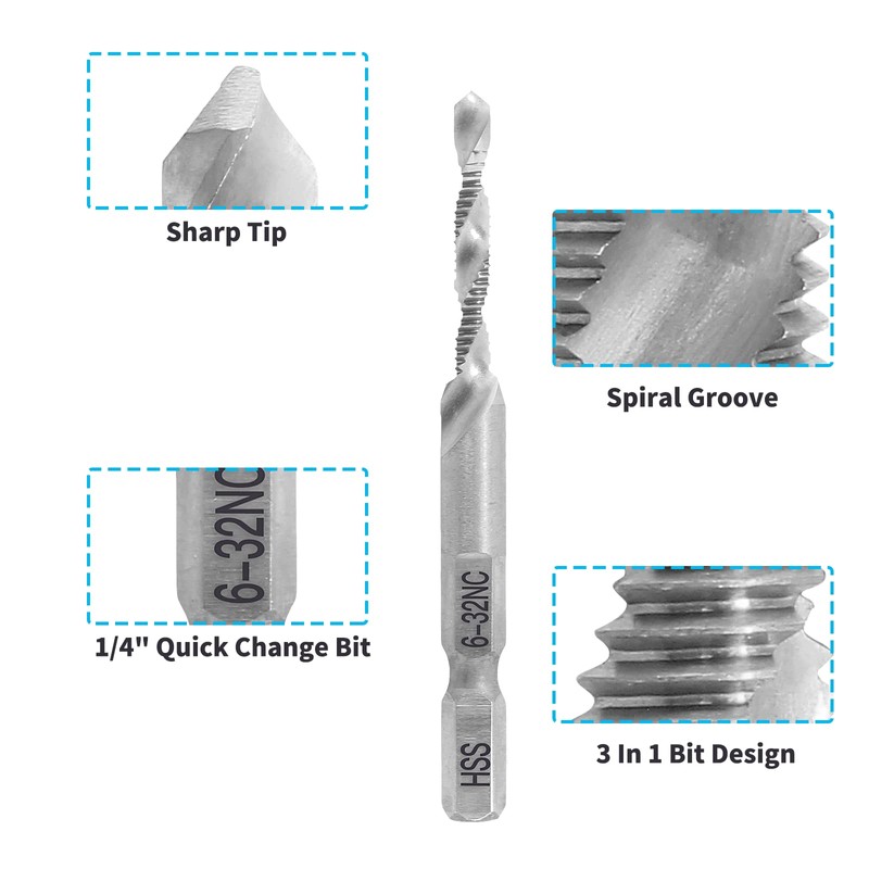 Bonsicoky 2 Pcs 6-32NC Combination Tap and Drill Bit, Multi