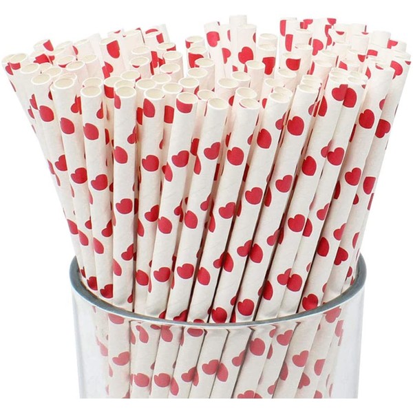 Just Artifacts Decorative Paper Straws 100pcs (Heart Pattern, Red) - Biodegradable Paper Straws for Valentine's Day, Weddings, Baby Showers