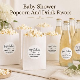 Baby Shower Popcorn Favor Stickers: 120 Round Pop and Cheer Paper Seals