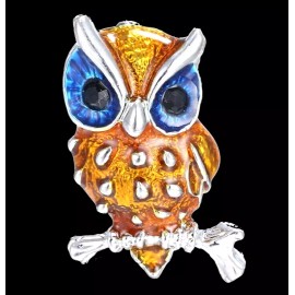 Unbranded Playful Perching WISE Spotted OWL Silver Amber Blue Enamel Retro Inspired Brooch