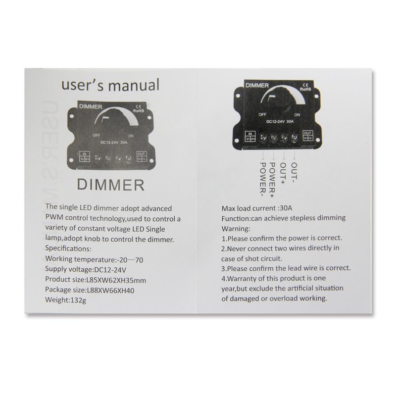 ZOOKOTO 12V/24V DC 30A LED PWM Dimmer Controller Dimming Controller