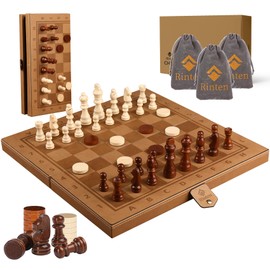 15" Magnetic Chess Set & Checkers Set 2 in 1，Rinten Leather Portable Travel Chess Board Game Sets with Velvet Bag Packaging Beginner Large Chess Set for Kids and Adults, Yellow