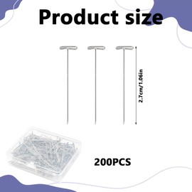 200PCS T Pins 27mm Macrame Board and Pins Silver Blocking Pins Wig for T Pins Stainless Steel Wig Pins with 2 Plastic Box Wig Straight Pins for Wig Making Blocking Knitting Diy Crafts