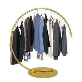 Heavy Duty Portable Clothing Rack, Commercial Grade Metal Garment Rack with Stable Base for Hanging Clothes, C-Style Round Rack for Retail Boutiques and Clothing Displays (Gold, 150CM)