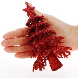 com-four® 3 x Christmas Tree Decorations - Glitter Hanging Decoration - Christmas Tree for Standing or Hanging - Plastic Fir - Christmas Tree Pendant - 16 cm (Pack of 03 - Red)