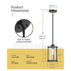 Osimir Farmhouse Pendant Light Fixtures, 1-Light Black Glass Pendant Lights for Kitchen Island, Industrial Rustic Mini Hanging Lighting with Rod, Wood Finish, Adjustable Length, OS-3014