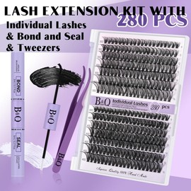 B&Q LASH l 30D+40D G Lash Kit l 280pcs Individual Lashes,D Curl,Bond & Seal,No Remover,Waterproof Long Lasting Makeup Eyelash Extension Glue Eyelash Cluster Cosmetic