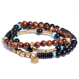 Wizock Inspirational Gifts Wrap Morse Code Beaded Bracelets Stretch Wooden Bead Obsidian Protection Prosperity Happy Bracelet for Women and Men Unisex