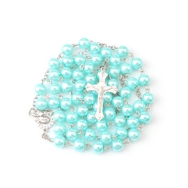 WHLHMK Rosary Beads Catholic for Women With Leather Rosary Pouch, Light Blue Beads Rosary Necklace with White Leather Pouch, Anglican Prayer Beads Christian Gifts for Women Catholic Gifts