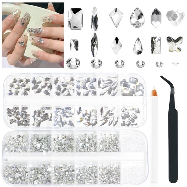 2680pcs 3D Nail Art Stones, 18 Different Glass Crystal White Nail Charm Stones, Flat Back Beads, Clear and Attractive Gemstone Jewelry Diamond, DIY Nail Art Decoration