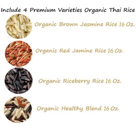 Thai Jasmine Rice Gift Set 4 Lb - 100% USDA Certified Organic- 4 Kinds of Rice - Brown Jasmine - Red Jasmine - Black Jasmine Riceberry - Mixed Jasmine Rice