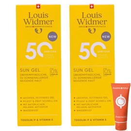 Louis Widmer Sun Gel 50, 2x 100 ml I leichte, fettfreie Gel-Creme I wasserfest I für überempfindliche, zu Sonnenallergie neigende Haut I hoher UV-Schutz I Spar-Set plus Pharma Perle give-away