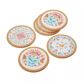 Pioneer Woman Cork Coasters Folk Geo 6Pc Set White Coral Floral Butterflies New