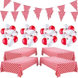 4 Packs 51 x 71 Inch Gingham Plaid Table Covers, 2 Pieces Buffalo Lumberjack Checkered Pennant Banner, 44 Pieces Latex Balloons for Picnic BBQ Birthday Party Decoration (Red White Plaid)