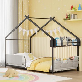 Timy House Shape Twin Size Montessori House Bed Metal Floor Bed with Storage Rack and Caddy Twin Bed-Frame for Kids No Box Spring Needed Black