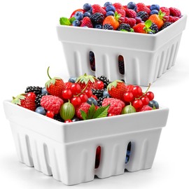 MIAMIO - Ceramic Berry Basket Set of 2 / Cute Kitchen Fruit Bowl with Draining Holes/Strawberry Storage Container