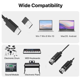 USB/Type-C to MIDI Interface MIDI Cable Adapter with Input & Output Connecting with Keyboard/Synthesizer for Editing & Recording Track Work with Windows/Mac OS/Android for Studio Type-C/USB MIDI Cable