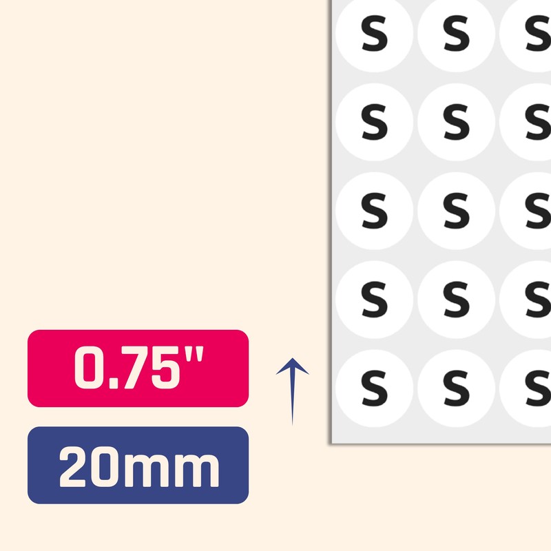 2cm Clothing Size Sticker Labels - 5 Sizes (XS, S,