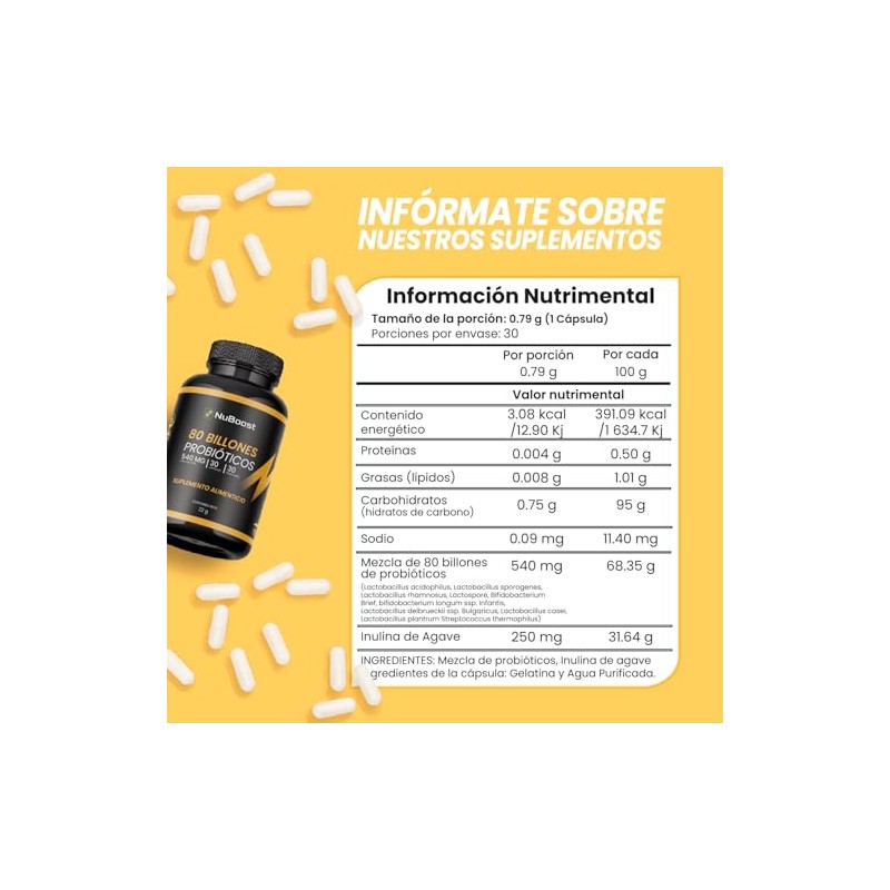 NUBOOST Probioticos y Prebioticos 80 Billones Suplemento Alimenticio con 10