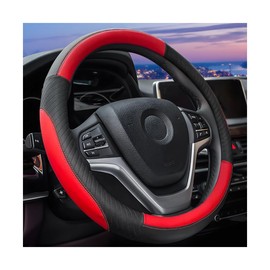 JNNJ Steering Wheel Cover Car, Steering Wheel Cover Leather 37-38cm, Sport Anti-Slip Breathable Steering Wheel Cover, Comfortable Protective Interior Accessories for Women Men(Black/Red)