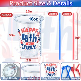 100Pcs 4th of July Decorations Patriotic Party Supplies, 50Pcs 16oz 4th of July Party Cups Patriotic Disposable Plastic Cups 50Pcs Red Blue Straws Fourth of July Red White Blue Independence Day