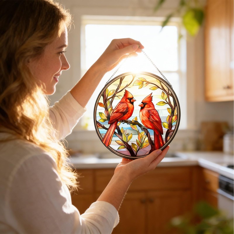 BDHRKTE Cardinal Bird Glass Window Hanger – Christmas Ornament for
