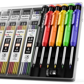 Nicpro 5 Pack Carpenter Pencil with Sharpener, Mechanical Pencils Set with 41 Refills (Red, Black, Yellow, White, Green, Blue), Deep Hole Marker Construction Heavy Duty Woodworking Pencils - With Case:_6 Pack