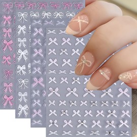 4 Sheets Bow Nail Stickers 5D Embossed Self-Adhesive Pink White Ribbons Nail Decals with Rhinestone Design Cute Bow Nail Art Sticker Nail Decor for Women Girls Acrylic Nails DIY Manicure Nail Supplies