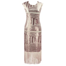 Vintage Lace Fringed Gatsby 1920s Cocktail Dress with Fascinator Hat 20s Accessories Set (Striped Sequin Champagne, Small)