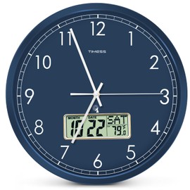 TIMESS Atomic Analog Wall Clock, WWVB Self-Setting Battery Operated 14" Large Dial Non-Ticking Silent Easy to Read & Use Clock with LCD Display, Ideal Modern Home, Kitchen, Office Décor (Blue)