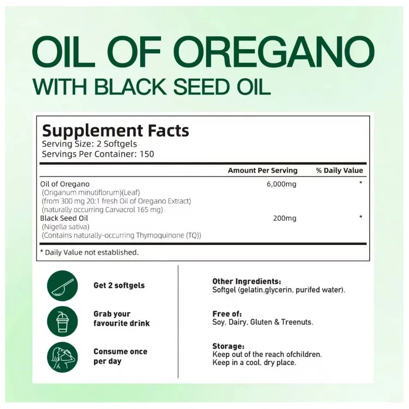 Aceite De Orégano 300cápsulas Con Aceite De Semilla Negra