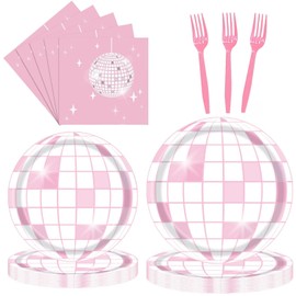 LASLU 96PCS Disco Theme Party Plates and Napkins 1970s Birthday Party Decorations Silver Disco Birthday Party Plates 70s Disco Party Tableware Set Serves 24 Guests (Pink)