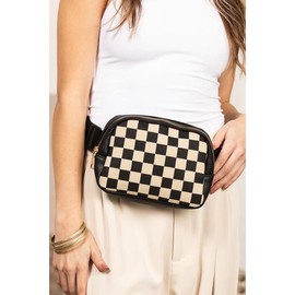 Aili's Corner Alva Mixed Media Check Sling Belt Bum Bag - COLOR: Cognac, SIZE: OneSize
