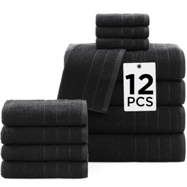 CASA PLATINO 100% Cotton Towel Set for Bathroom - 12 Piece - Super Soft, Hotel Quality - 4 Bath, 4 Wash Cloths, 4 Hand Towels for Bathroom - Classic, Best Value Pack, Ideal for Spa & Daily Use - Black