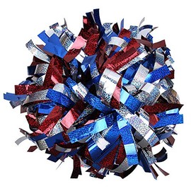 ICOCHEER Cheerleading Pom Poms Metalic Holographic Cheerleader with Baton Handle 6 inch 1 Pair 2 Pieces (Red/Royal Blue/Silver)