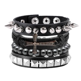 MILAKOO Cross Pendant Braided Leather Bracelets for Women Punk Goth Medieval Cuff Religious Gifts