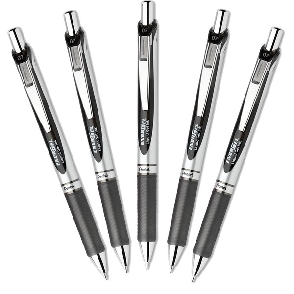 Pentel EnerGel Deluxe RTX Retractable 0.7mm Fine Line Metal Tip Liquid Gel Pen , Black Ink,    1 Set, 5 pens per set