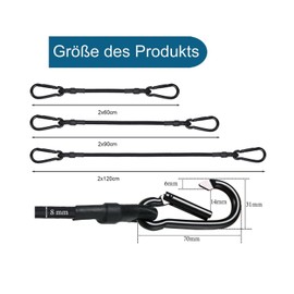 Tensioning Elastic Strap with Carabiner, Expander with Carabiner Hook, Set of 6, Luggage Tensioner Black in 3 Sizes, 60 cm, 90 cm, 120 cm, Extra Strong Rubber Tensioner for Sun Sail, Tarps, Garden