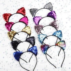 Cat Ears Headband Glitter Sequins Hairband Shiny Hair Accessories Hair Bands Beautiful Party Decoration for Girls Women 10 Pieces