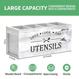 Extra Large Kitchen Utensils Holder with 4 Compartments, Wooden Storage Utensil Holder Organizer for Counter or Countertop, Farmhouse Decor, Rustic Cooking Utensil Kitchen Tool